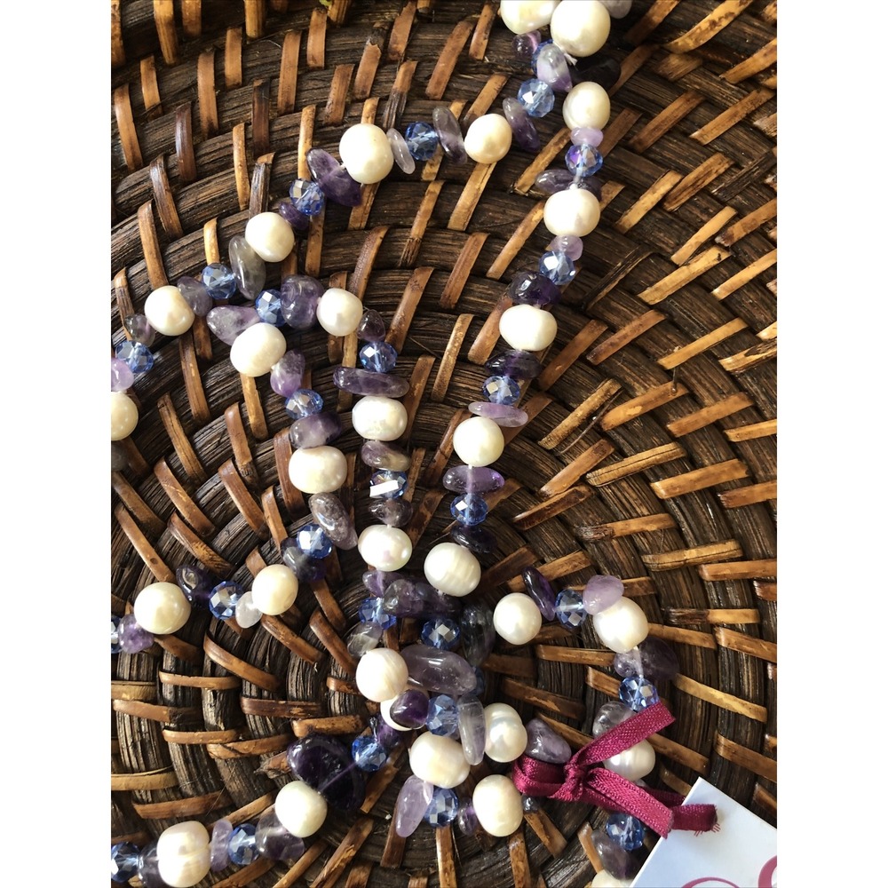 Sukhmani Design Freshwater Pearl 8-9 mm and Amethyst 48 inch necklace NWT - Picture 2 of 3